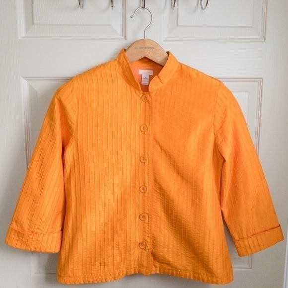 𝅺Chico's Jacket Blazer Bright Light Weight Orange Pleated Womens Size 8 Medium - Picture 3 of 12